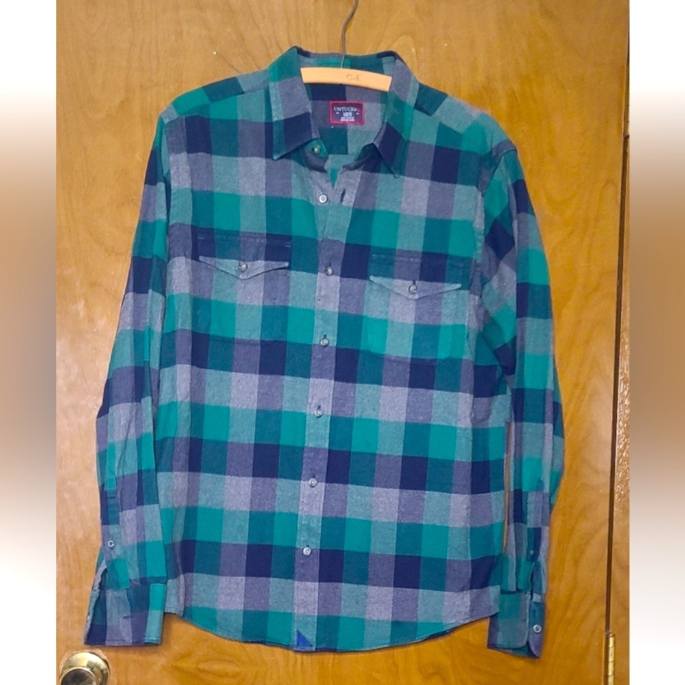 UNTICKit size L navy/green checked  long sleeve button shirt